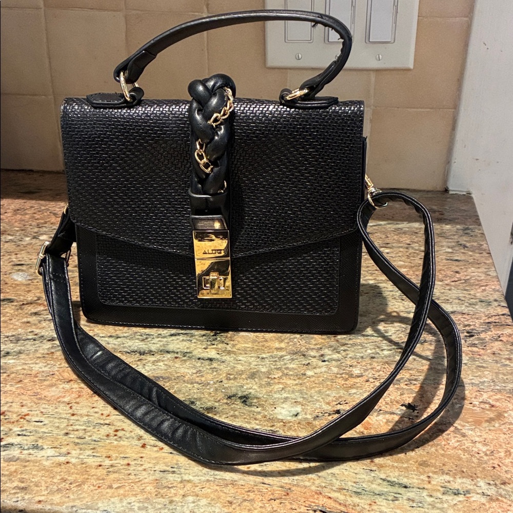 Aldo Black Crossbody Bag with Gold Chain Detail